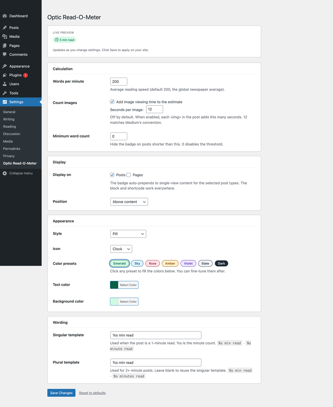 The full settings screen with live preview
