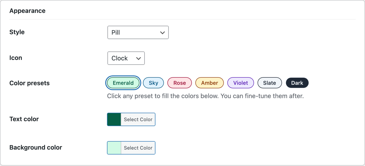 Appearance options: styles, icons, palettes