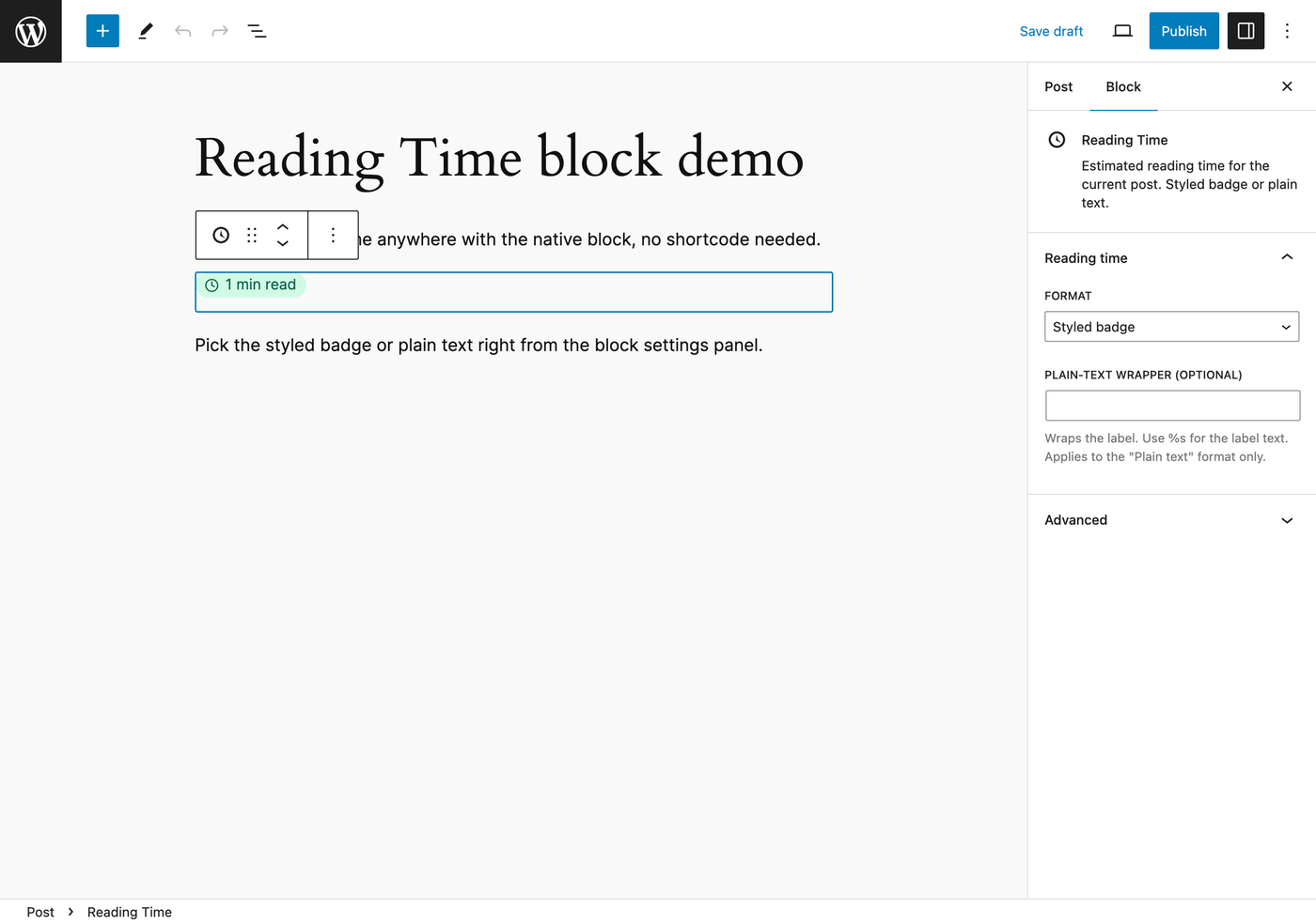 The Reading Time block in the editor